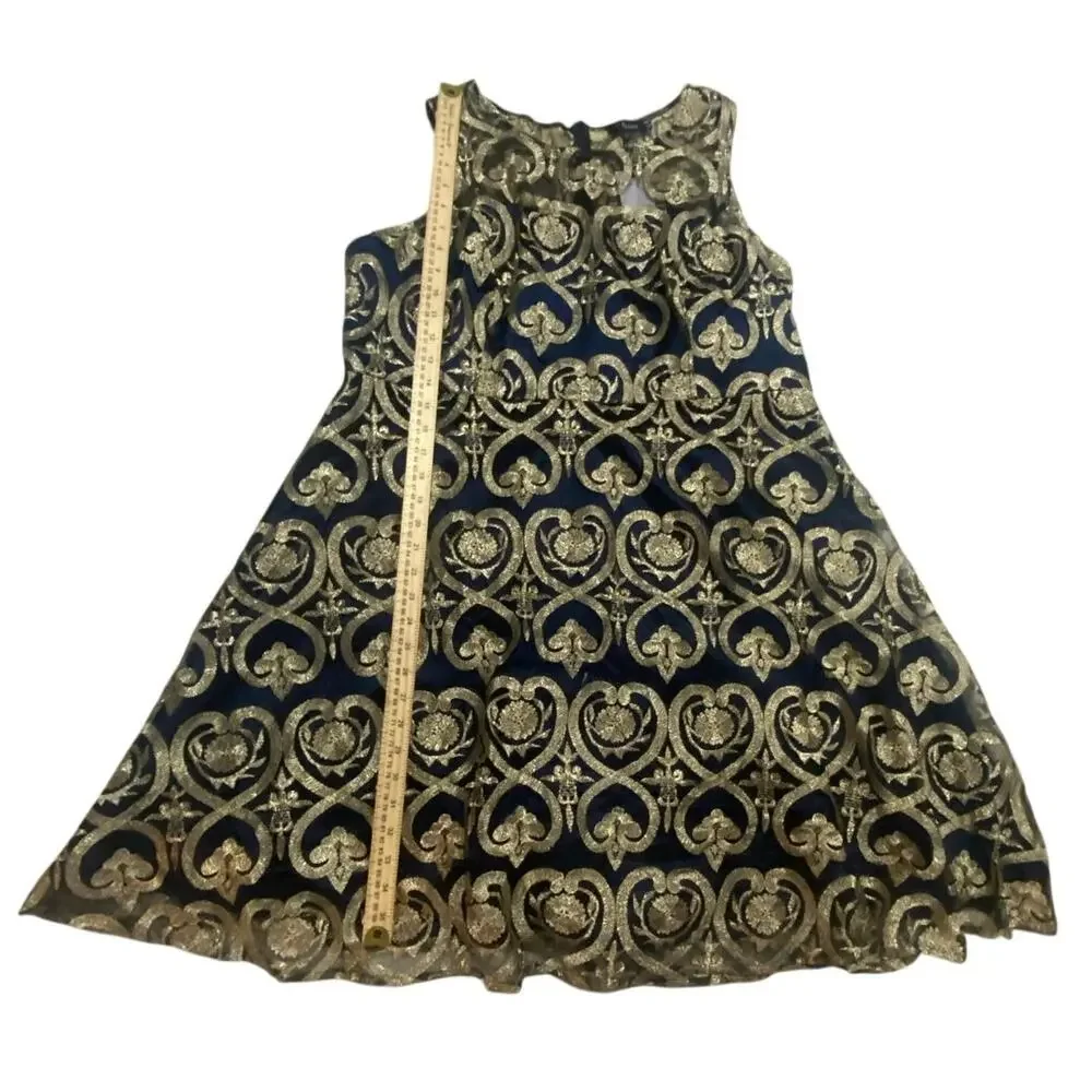 Liza Luxe Navy Blue Gold Brocade A-Line Dress Sleeveless Metallic Party